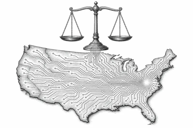 Engraved illustration of the scales of justice above a map of the United States, with circuit traces radiating from Virginia to every state